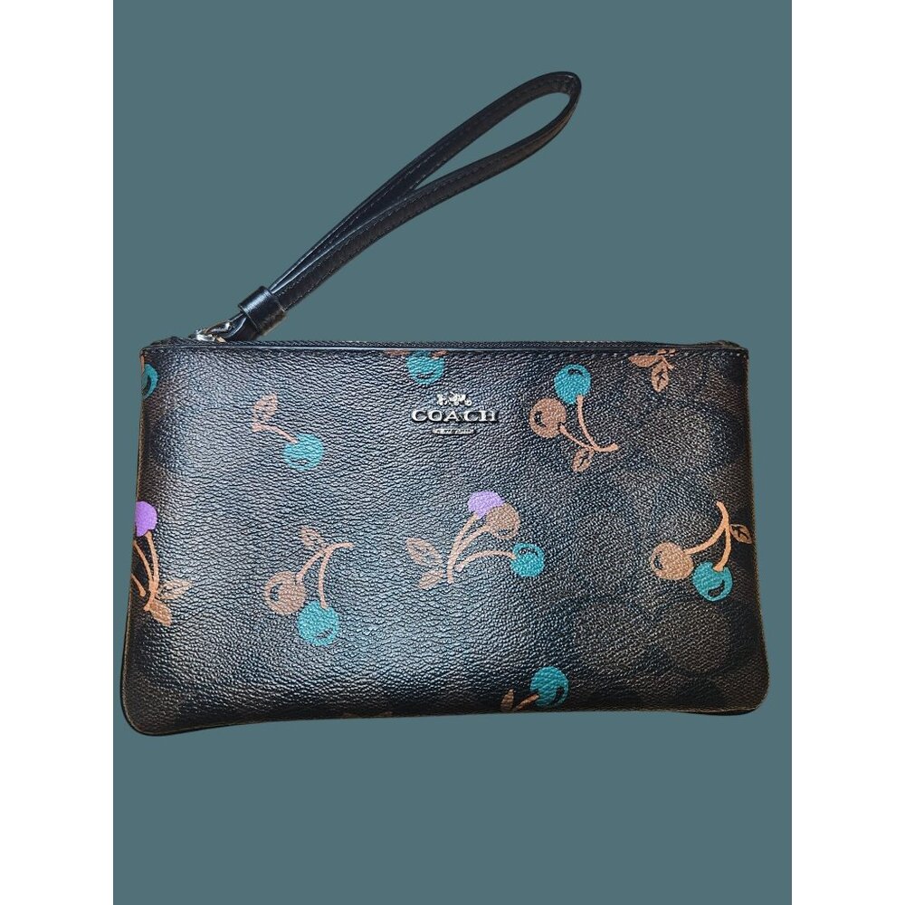 Coach Signature Canvas Teal Purple Brown Cherry Top Zip Wristlet